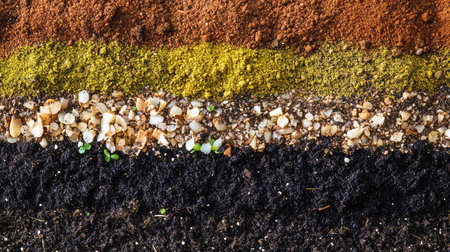 Bio-intensive garden rows with layered compost and diverse crops, small-scale regeneration example with open copy spaceの素材