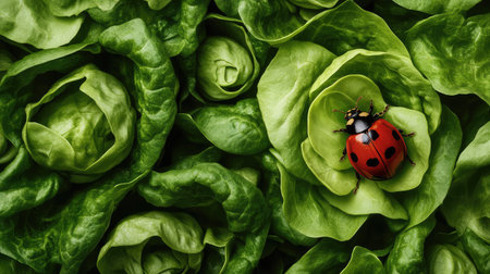 Close-up of ladybug on an organic lettuce leaf, natural pest control and biodiversity focus with copy spaceの素材