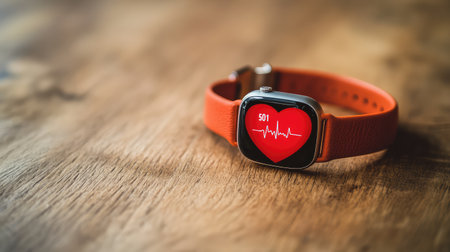 A smart wearable heart rate monitor on a table, displaying heart rate data, with space for textの素材
