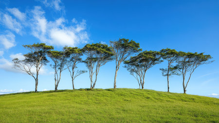 A windbreak of trees protecting agroecological crops from strong winds, supporting ecosystem services and clean copy spaceの素材