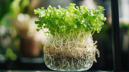 Lettuce grown without soil on floating beds in a high-tech greenhouse, water visible under roots and copy space aboveの素材