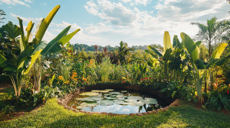 Field with diverse plants and a small pond in the center, supporting an agroecological ecosystem, open sky and copy spaceの素材