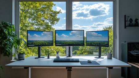 Dual monitors on standing desk in front of a large window, blending office and home styles with plenty of empty spaceの素材