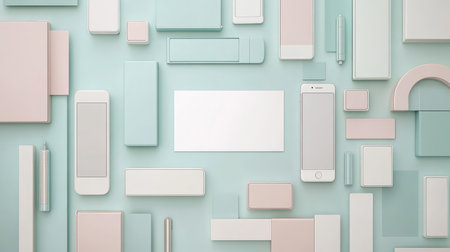 Flat lay of office supplies and digital communication gadgets with blank middle area for message design on a pastel deskの素材