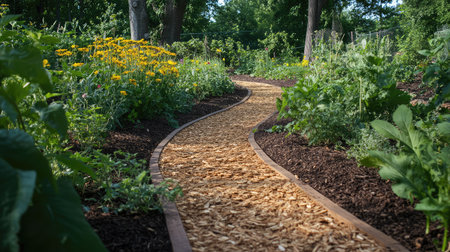 Farm path with wood chips laid sustainably leading through mixed plantings, organic patterns and clean copy spaceの素材