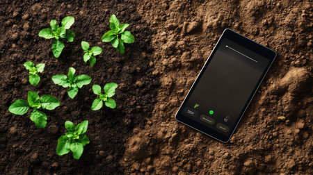 Digital tablet with agriculture app interface placed on soil next to growing plants, precision farming concept with empty copy space aroundの素材