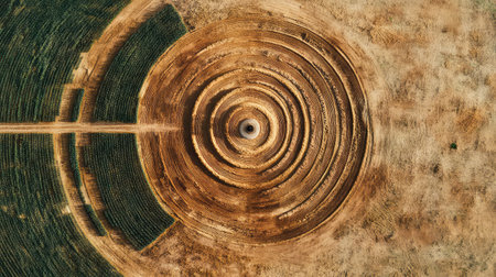 Drone view of sustainable farm layout with crop rotation, buffer zones, and windbreaks, room for copy textの素材