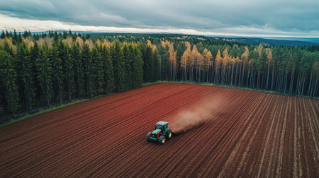 Manure being spread across a field naturally to enrich soil, sustainable nutrient cycle with plenty of spaceの素材