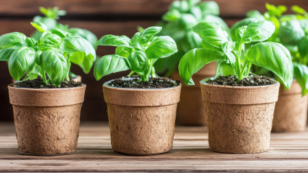 Growing basil in clay pebbles inside net pots, drip irrigation system visible with sterile background and open copy spaceの素材