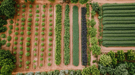 Farm rows with visible organic matter decomposition aiding sustainability, rich textures and blank copy spaceの素材