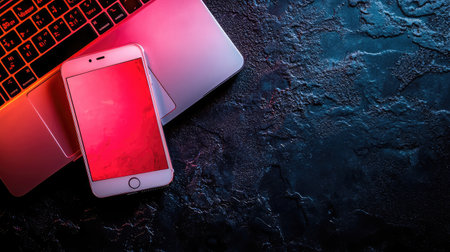 High contrast top-down view of a glowing phone next to laptop on a black surface with center copy space for tech contentの素材