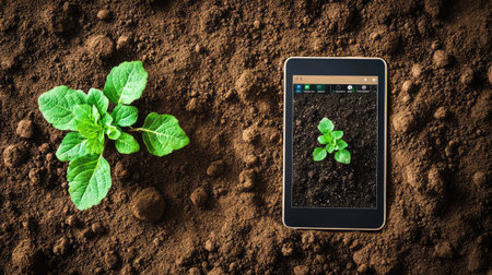 Digital tablet with agriculture app interface placed on soil next to growing plants, precision farming concept with empty copy space aroundの素材