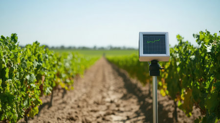 Infrared crop health monitoring device set up in a sunny plantation field, smart analysis scene and clear copy spaceの素材