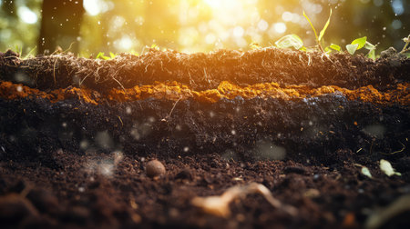 Cross-section of regenerative soil layers showing compost, mulch, and root activity in rich environment with copy spaceの素材