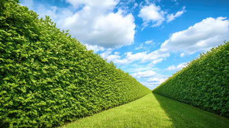Green hedge rows surrounding a field of crops, acting as windbreaks and supporting local biodiversity, with plenty of sky for copy spaceの素材
