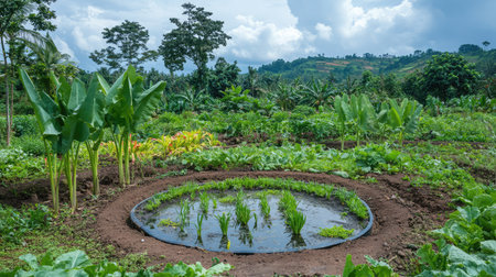 Field with diverse plants and a small pond in the center, supporting an agroecological ecosystem, open sky and copy spaceの素材