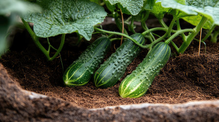 Drip irrigation system watering soilless cucumbers in coco coir substrate, high-efficiency setup with open copy spaceの素材