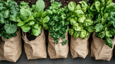 Farm field with diverse crop patches and visible organic soil amendment bags, wide background for text spaceの素材