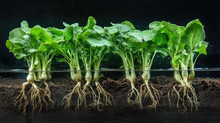 Lettuce grown without soil on floating beds in a high-tech greenhouse, water visible under roots and copy space aboveの素材