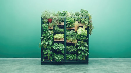 Greenhouse with vertical farming technique promoting agroecological sustainability, growing organic vegetables with open space for copyの素材