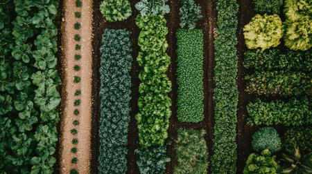 Green field of sustainable farming under rotation practice with visible boundaries between crops and clear copy spaceの素材