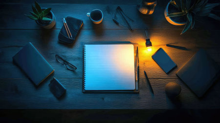 Overhead view of dark desk with digital notepad, stylus, and phone glowing, leaving room for copy space in the frameの素材