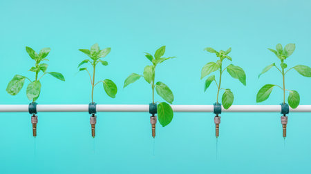 Organic drip-fed irrigation system running across evenly spaced seedlings, early growth stage with blank copy spaceの素材