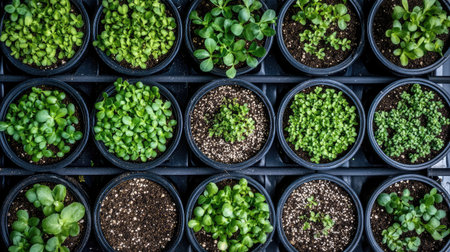 Organic seeds sprouting in biodegradable pots ready for transplanting, bright growing environment and copy spaceの素材