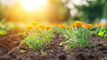Natural pest control in organic farming with marigolds planted between vegetable rows, vibrant scene with copy spaceの素材
