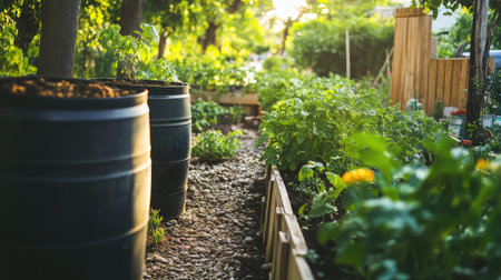 Organic garden using rainwater harvesting barrels and raised beds, eco-friendly setup with bright space for textの素材