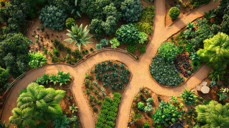 Organic permaculture layout with diverse plantings, trees, and ground cover, visually layered with room for copyの素材