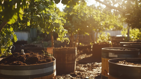 Organic compost tea brewing in barrels on a sustainable farm, aeration and sunlit surroundings with copy spaceの素材