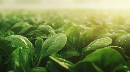 Organic spinach field at golden hour with soft lighting and dew on leaves, vast landscape and room for copyの素材