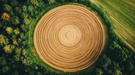 Overhead shot of circular crop fields with center-pivot irrigation visible, representing precision agriculture with copy spaceの素材