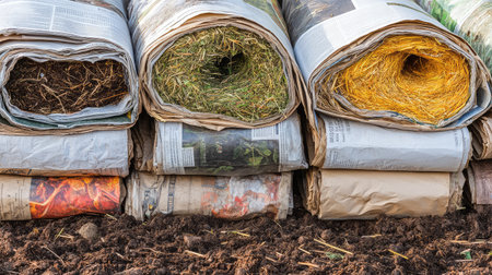 Sheet mulch gardening technique with newspaper and straw layers, improving soil sustainability with copy spaceの素材
