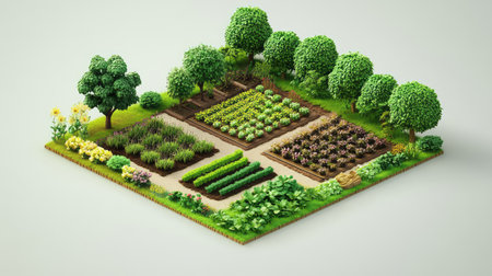 Permaculture system with stacked plantings, maximizing space and resources in a sustainable agroecological setup with clean background for textの素材