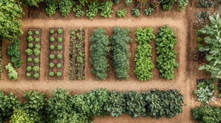 Sustainable orchard with mixed tree species and ground cover plants, long view with copy space for designの素材