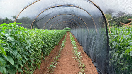 Rows of crops growing under netting for natural pest management, showing the importance of sustainable farming with open space for copyの素材