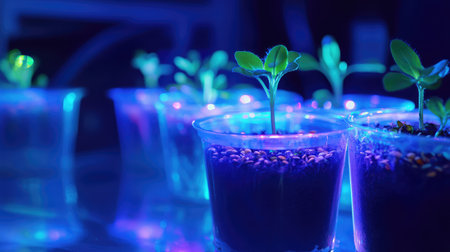 Organic seeds sprouting in biodegradable pots ready for transplanting, bright growing environment and copy spaceの素材