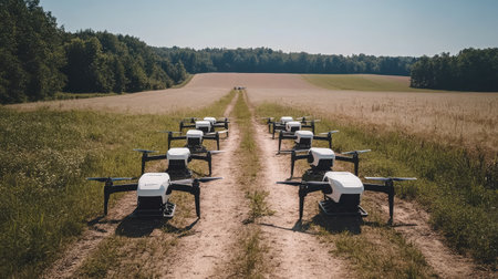 Robotic drone charging station beside field path with parked agriculture drones and wide open space aroundの素材