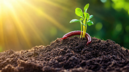 Rich soil with visible earthworms and decomposing organic matter, surrounded by green sprouts, healthy regeneration theme with natural copy spaceの素材