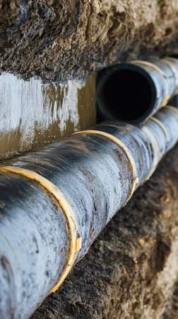 Reclaimed water pipe irrigating sustainable crop rows, water reuse in agriculture and open area for copyの素材