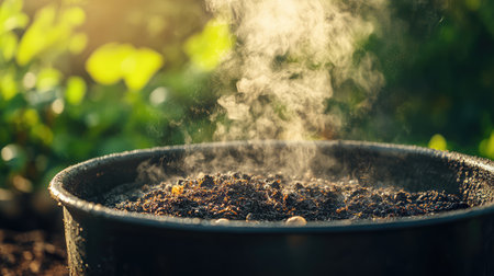 Organic compost tea being brewed in large container outdoors with garden backdrop and ample copy spaceの素材