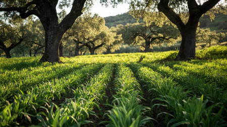 Shaded cover crops growing under orchard trees, maintaining soil and ecosystem health with soft focus copy spaceの素材