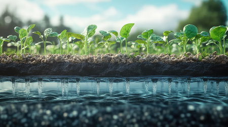 Soilless spinach growing in flood and drain system, water cycle mid-flow and healthy plants with open copy spaceの素材