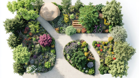 Organic permaculture layout with diverse plantings, trees, and ground cover, visually layered with room for copyの素材