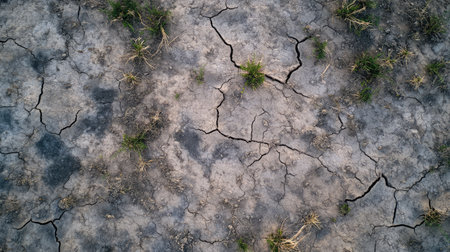 Reclaimed land showing contrast between degraded and regenerating soil, visible plant growth lines and copy spaceの素材