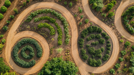 Top view of a regenerative farm design using circles and organic shapes in planting layout with visible mulch and copy spaceの素材