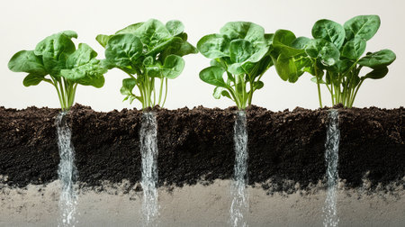 Soilless spinach growing in flood and drain system, water cycle mid-flow and healthy plants with open copy spaceの素材