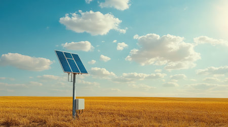 Satellite monitoring station for smart farming placed on edge of field, data collection concept with sky copy spaceの素材